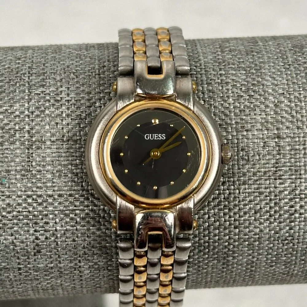 VTG Guess Watch Womens 24mm Round Black Dial Two Tone 6.25